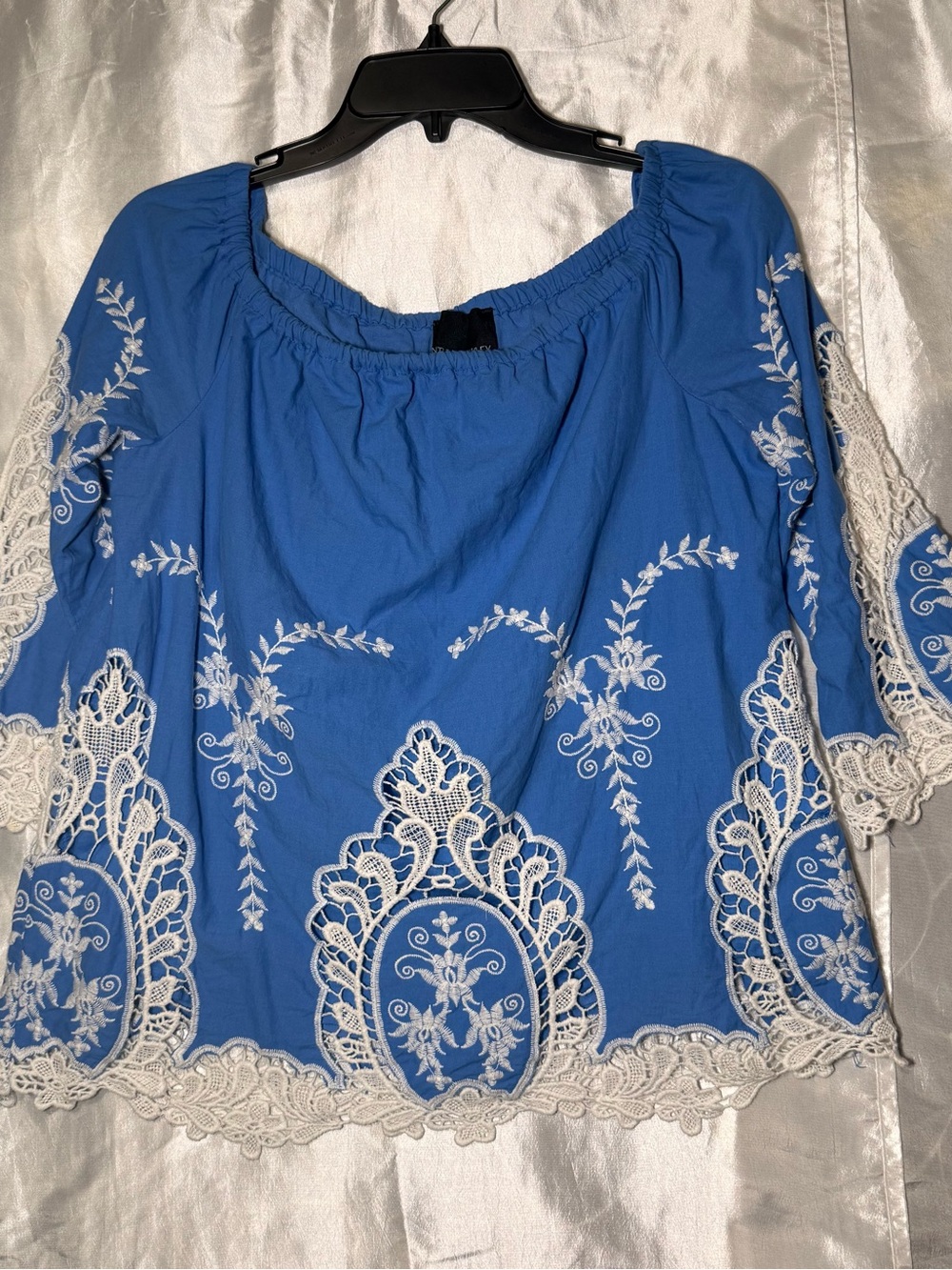 Cynthia Rowley Women’s Cotton Blue Embroidered Blouse White Lace Trim Sz M Boho